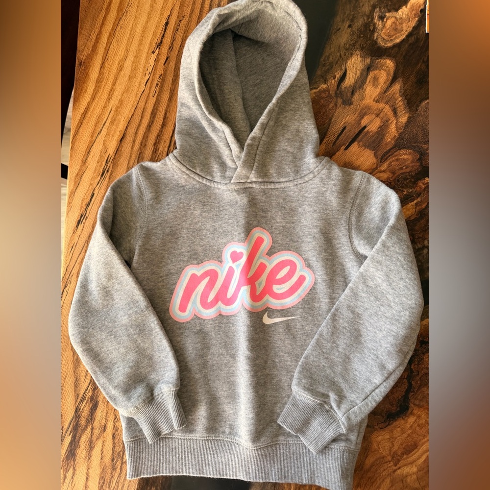Nike Girls Hoodie Size 4 Gray Pink Script Logo Pullover Sweatshirt